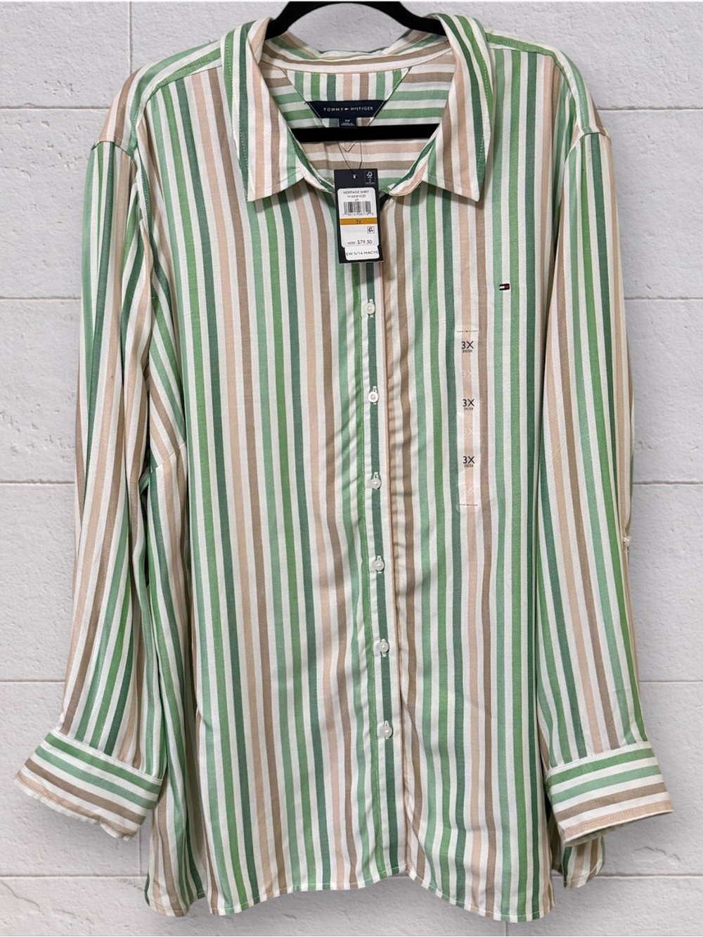 NWT Tommy Hilfiger Womens Plus Size 3X Striped Roll-Tab Heritage Shirt Green Tan